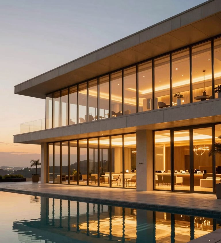 Premium architectural photography of a multi-level luxury clubhouse exterior at twilight, warm golden light spilling from floor-to-ceiling glass panels, reflecting on a calm infinity pool, minimalist lines.