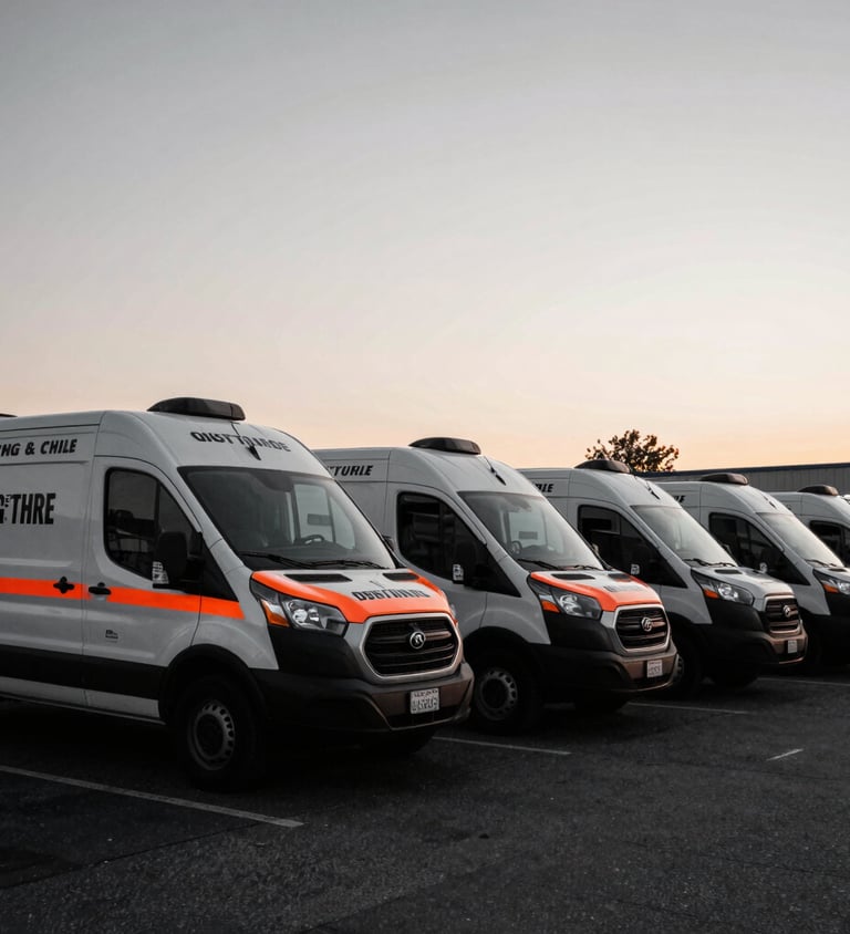 Industrial editorial photography of a secure transport vehicle yard in Washington DC at twilight, clean branded transport vans lined up, high-contrast desaturated tones with safety-orange accents, sharp focus, 35mm lens