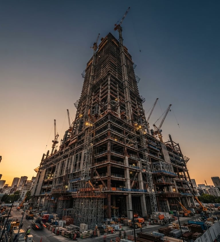 Wide panoramic shot of a modern, high-rise building under construction, showing steel beams and concrete against a clear sky, low-angle golden hour light, deep charcoal and desaturated gold tones, ultra-wide lens, sharp focus
