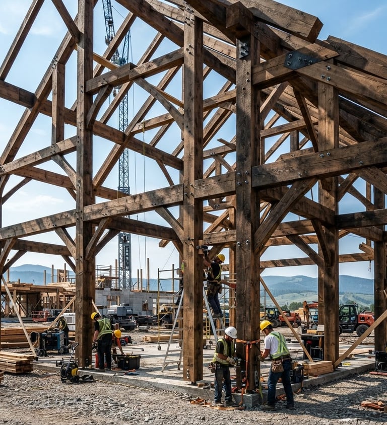 High-contrast image of timber framing on an active construction site with bright Alberta daylight, sharp focus, bleeding right edge.