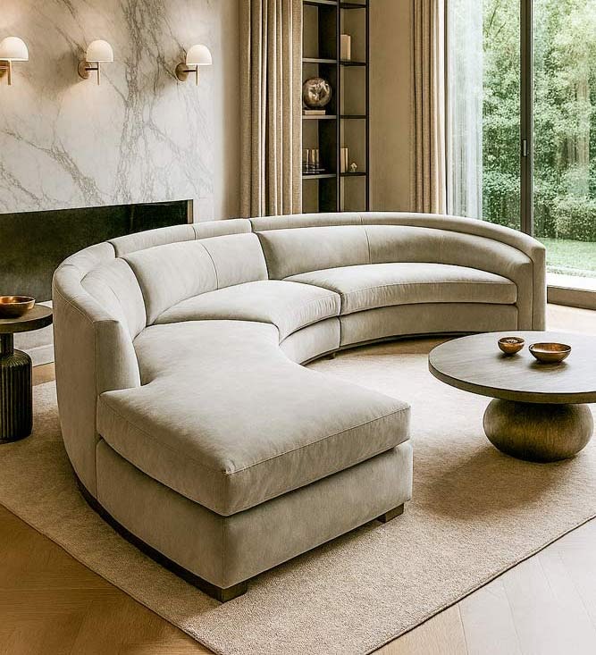 Curved modular sectional in light gray suede, custom-built by Solo Home Decor for stylish comfort.