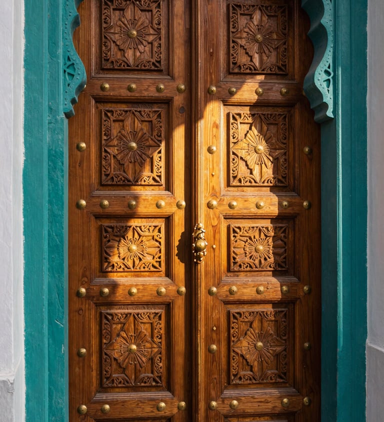 Close architectural view of a tall carved wooden Moroccan riad door, deep teal-painted frame with intricate geometric brass nailheads, warm golden-hour sidelight raking across the carved relief, shallow depth of field, left edge kissing the frame