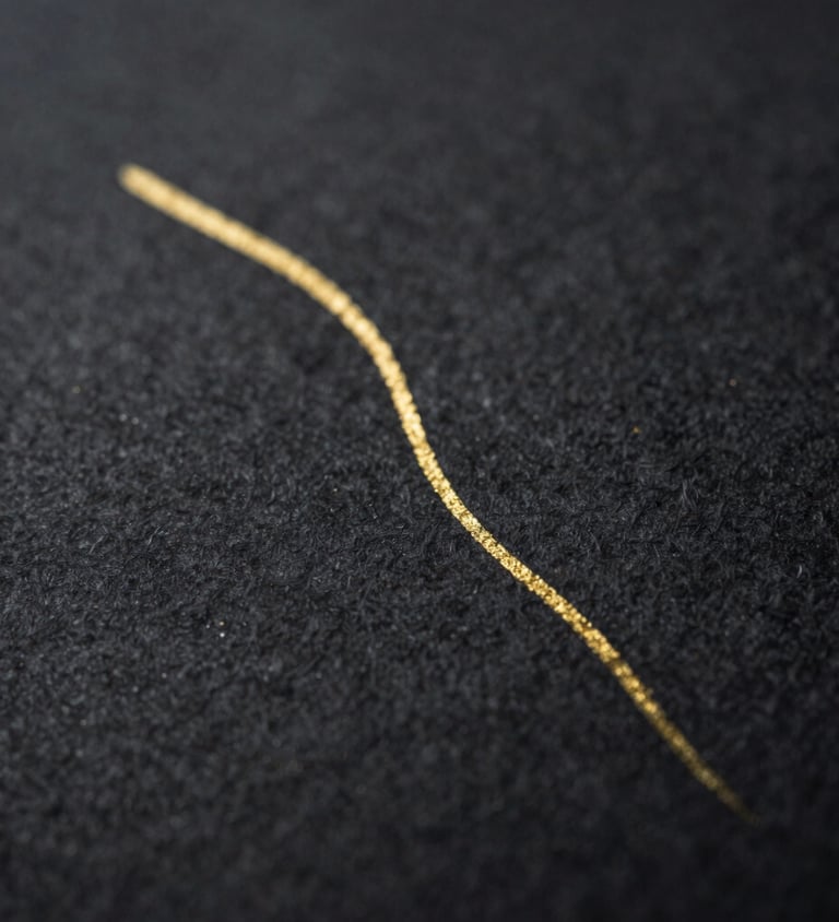 Macro close-up of dark charcoal paper texture with a single fine-line gold ink stroke, dramatic low-key lighting, 35mm
