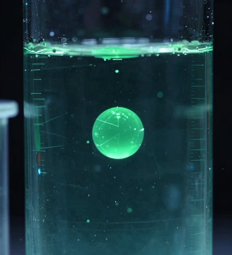 Macro close-up of liquid crystalline structures under sharp, clinical blue-green accent lighting, in vacuum-sealed laboratory glassware, high contrast, dark background.