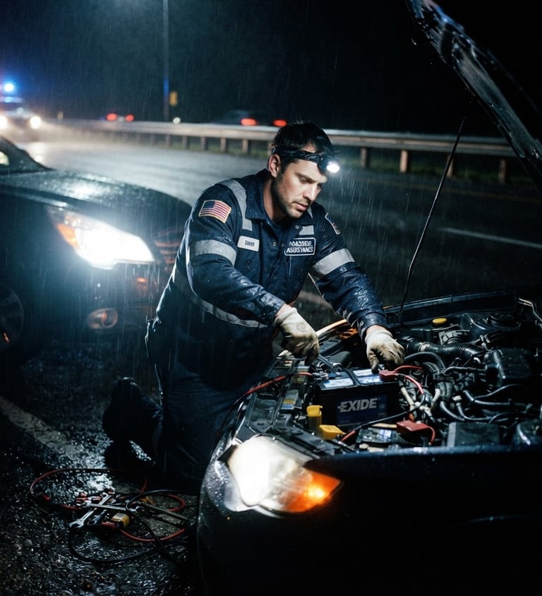 Roadside technician installing a car battery at night, headlights illuminating the scene, high-contrast, dramatic roadside emergency lighting, 35mm
