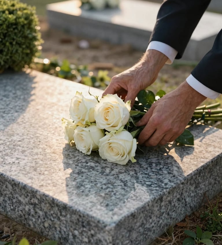 Close-up of florist hands placing white roses on a stone grave in a Mediterranean cemetery, golden afternoon light raking across the granite, freshly trimmed greenery visible at the edges