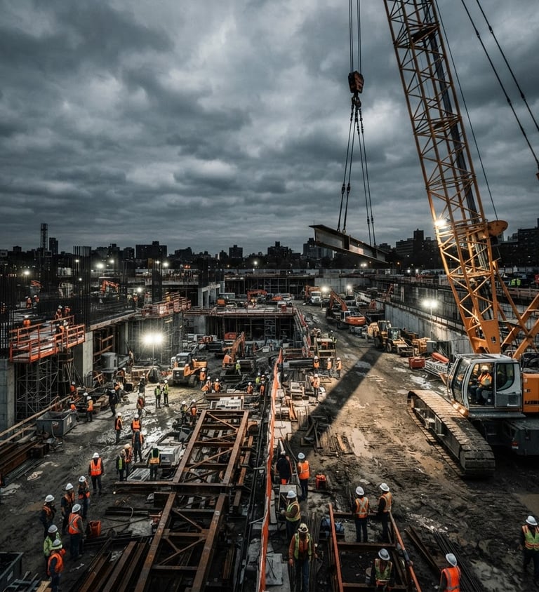 Wide panoramic construction site at dusk, a large industrial crane in motion on the right third, casting long shadows, high-contrast overcast daylight, desaturated steel and safety-orange tones, wide-angle lens, sharp details.