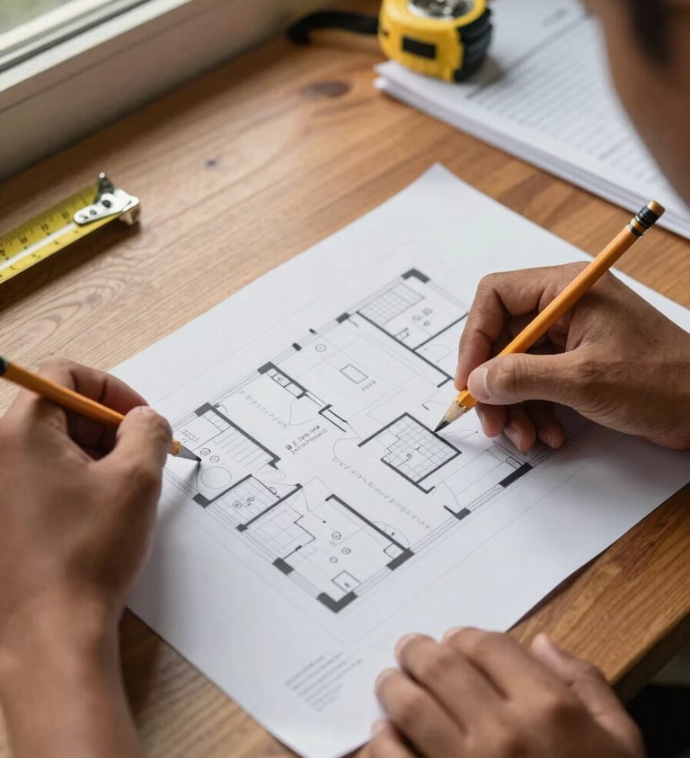 Close-up overhead shot of two Papuan hands reviewing a printed floor-plan document on a wooden table, pencil marks visible, natural north-facing window light, measuring tape and notes at the edge of the frame