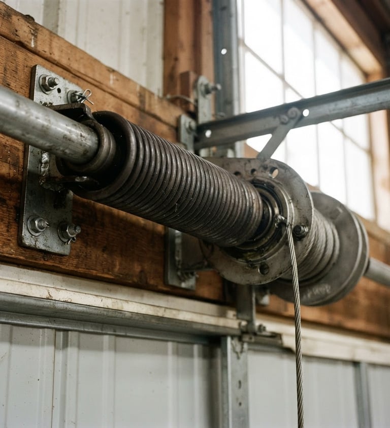 Close-up of a heavy-duty garage door torsion spring mechanism, well-lit, industrial, sharp focus, 35mm lens, bright natural daylight