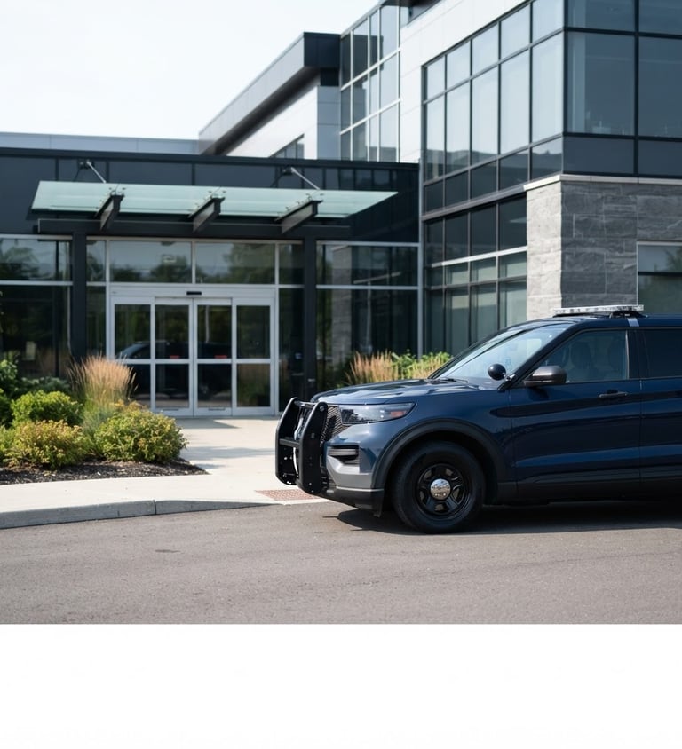 Wide shot of a marked MWM patrol vehicle, clean and modern, parked at a commercial property entrance under sharp daylight, high contrast navy and slate tones, 50mm lens, professional depth of field, vehicle on the right.