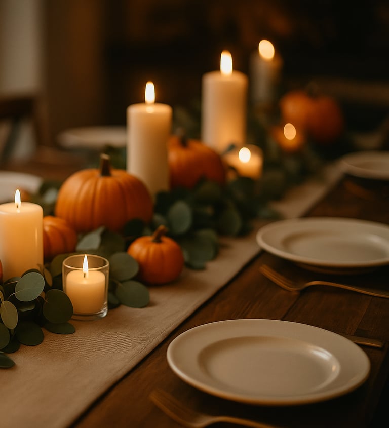 Thanksgiving table decoration with dried wheat, pampas, mini pumpkins, and candles.