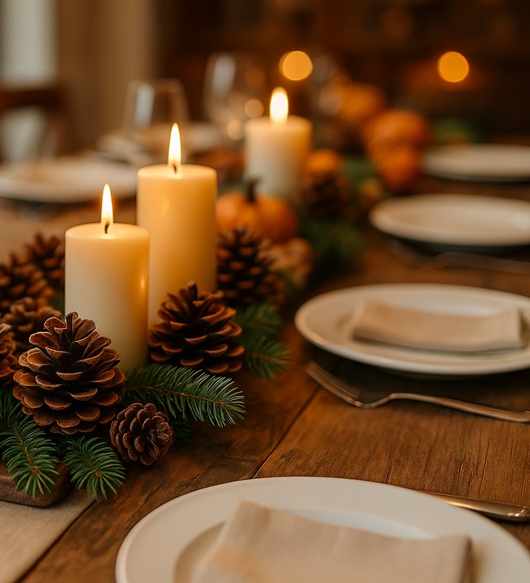 Thanksgiving centerpiece of pinecones, evergreens, and glowing candles on a rustic table.