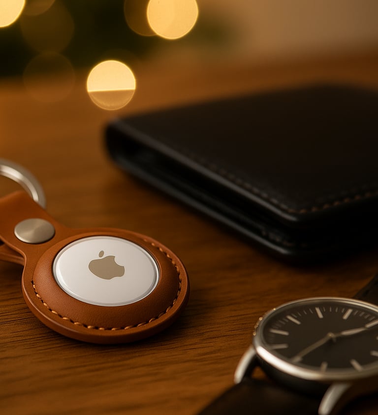 Apple AirTag in leather keychain on wooden desk with keys, wallet, and watch.