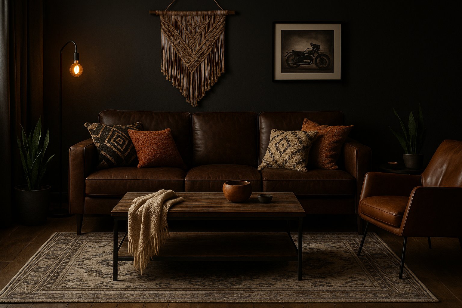 A dark, cozy Moto Boho living room featuring a brown leather sofa with patterned and rust
