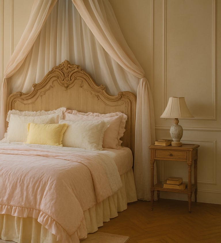 Chateaucore bedroom with carved wood headboard, ruffled linen bedding, pastel walls, and a porcelain