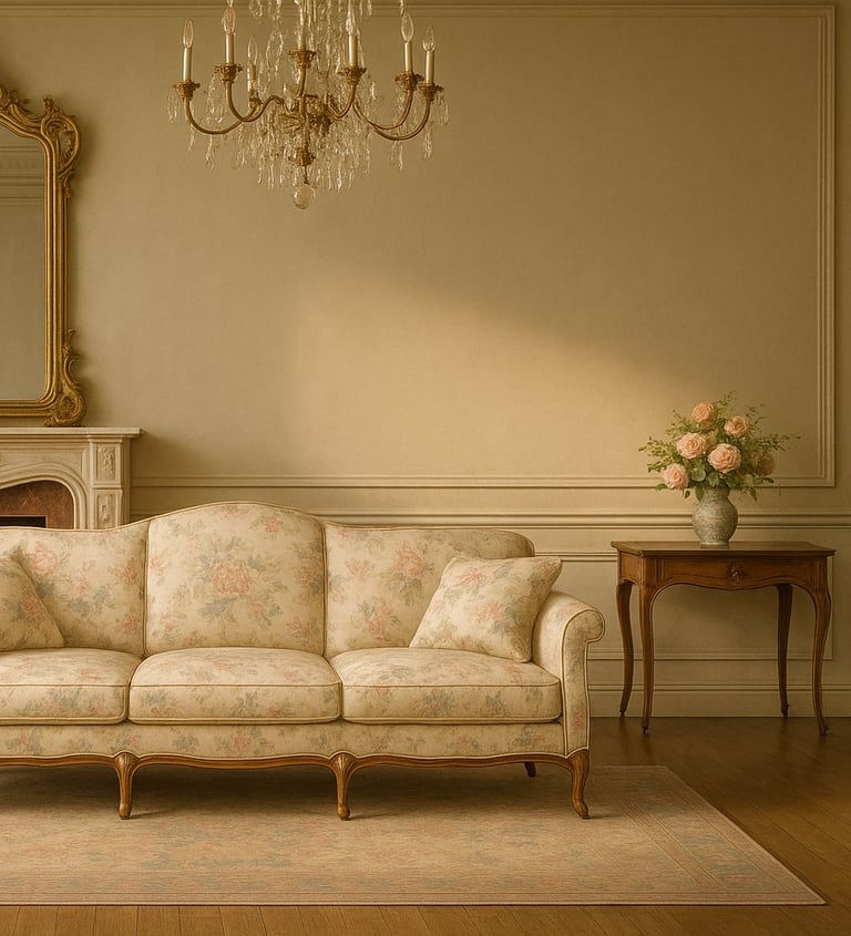 Chateaucore living room in natural daylight with a pastel palette, floral upholstery, and layered te