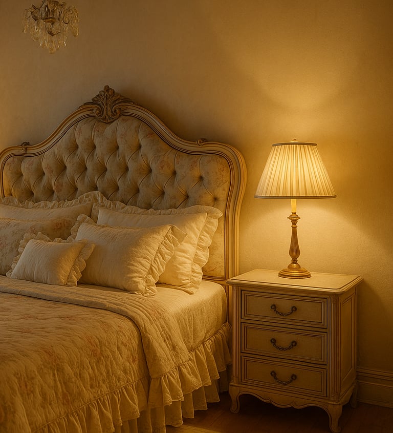 Rococo-inspired bedroom with a tufted floral headboard, ruffled pillows, lace curtains.