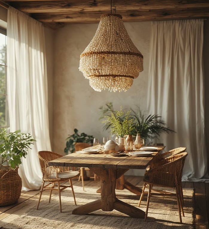 Boho Beaded Shell Chandelier in simple dining room