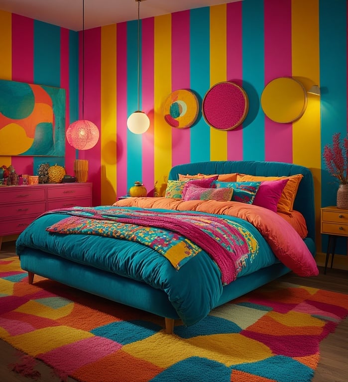 Funhaus Bedroom with bold, graphic striped accent wall in hot pink, turquoise, and sunshine yellow.