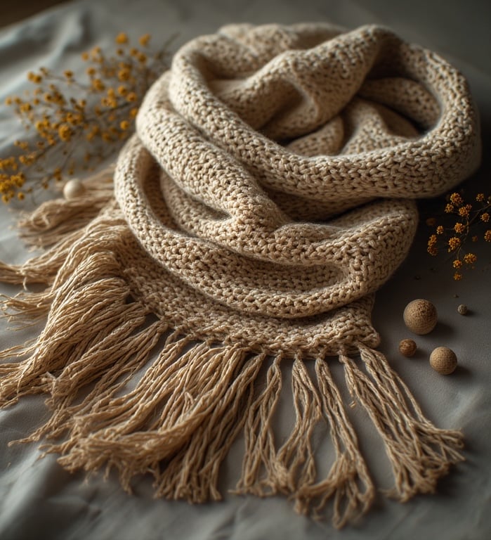 Boho-style crochet tassel scarf in soft beige with fringe ends