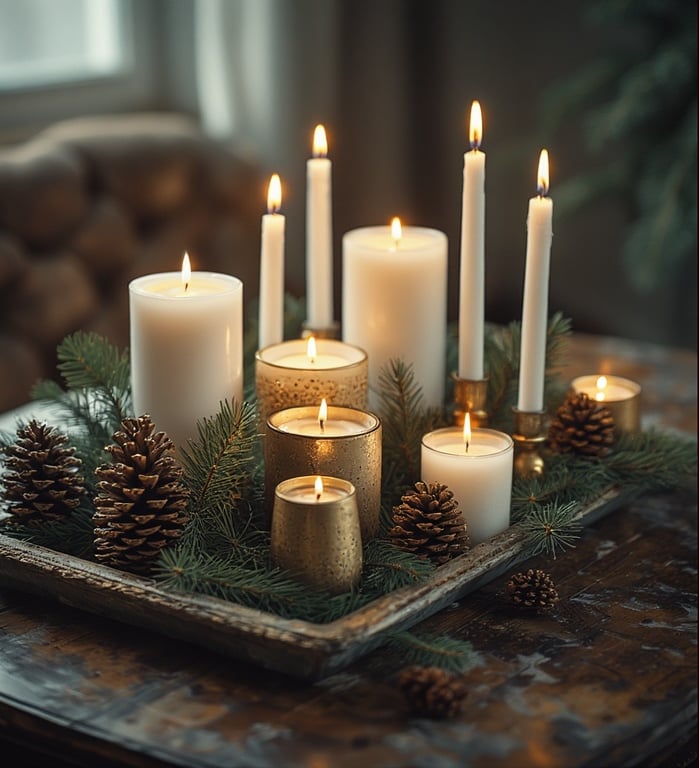 Holiday candle vignette with pinecones, fir sprigs, and gold accents