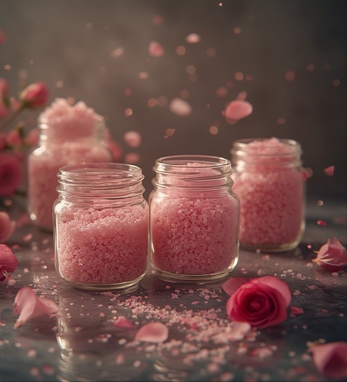 Soft pink tones with rose petals floating in water, glass jars of pink salts.