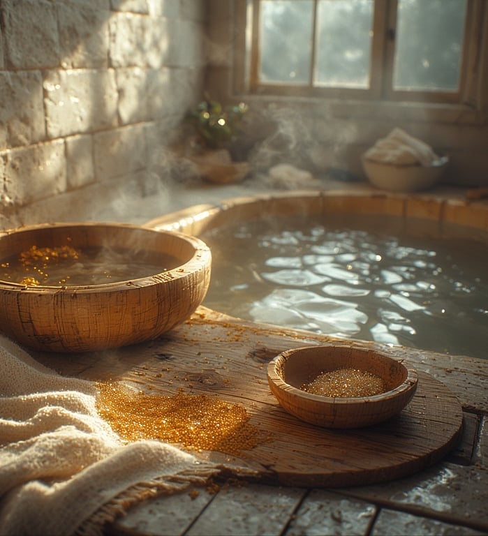 A warm golden-hued tub scene with wooden bowls and natural fibers.
