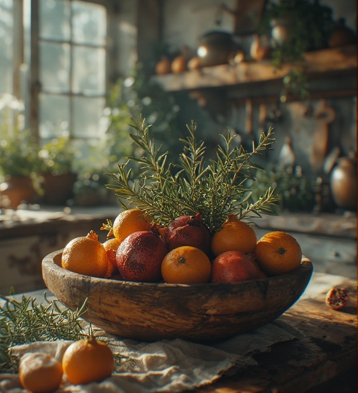 Seasonal fruit centerpiece with oranges and rosemary in rustic bowl