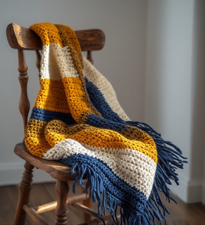 Modern crochet color block scarf folded on wooden chair with three bold tones