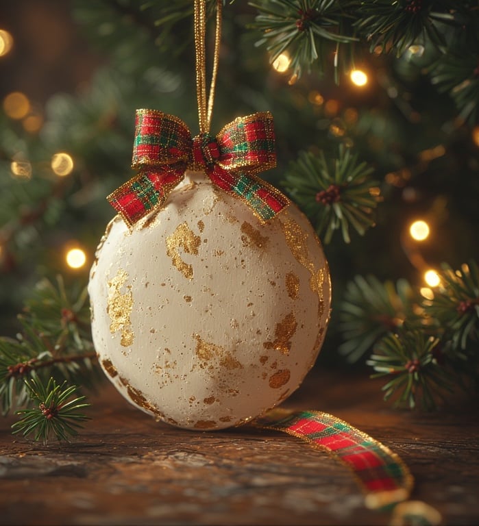 Ivory ornament with tartan ribbon and gold brushed edge.