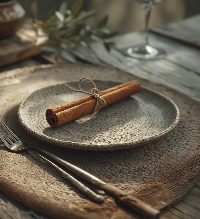 Rustic modern holiday place setting with cinnamon-tied napkin and woven charger