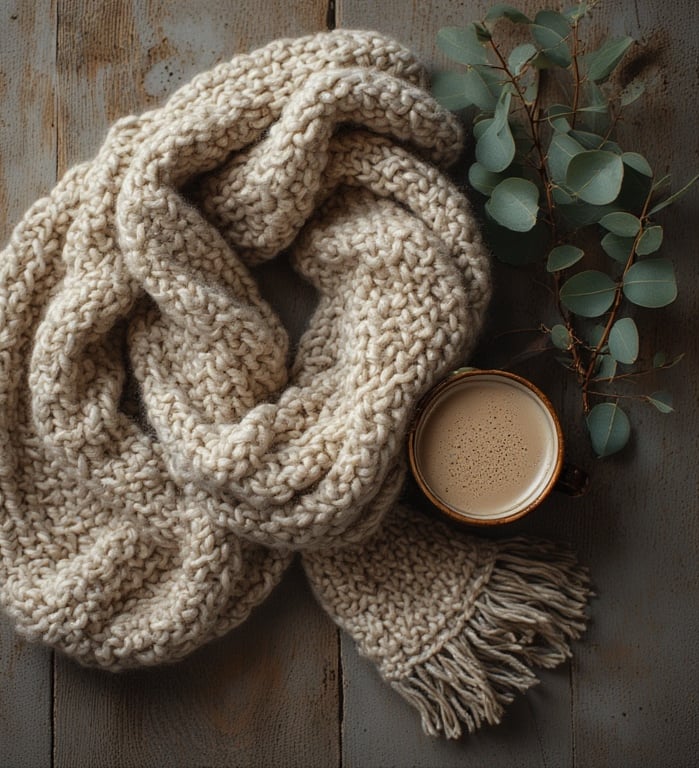 Cozy chunky infinity crochet scarf in cream wool