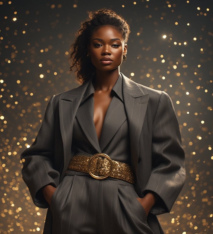 A confident model in an oversized charcoal baggy suit, exaggerated structured shoulders