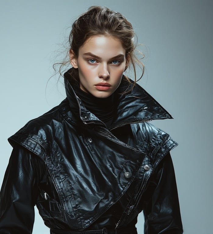 Model wearing a dramatic black funnel-neck jacket, collar rising like sculpted armor.