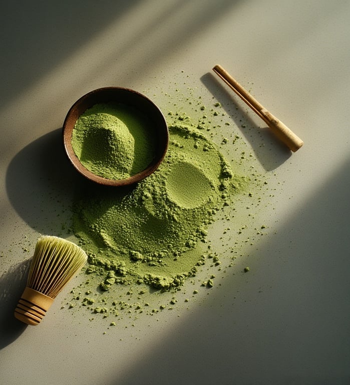 Matcha bowl and bamboo whisk with green powder on a white background.