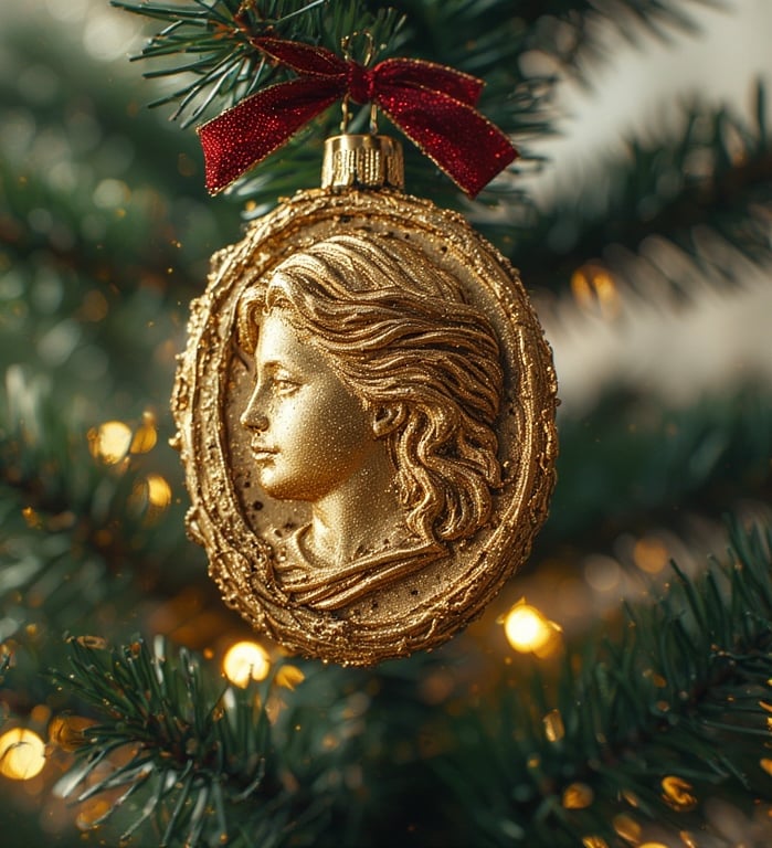 Gold leaf cameo ornament with velvet ribbon on Christmas tree.