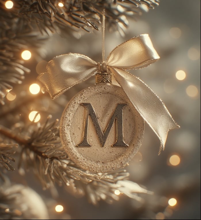 Ivory monogram ornament with pewter highlight and satin bow.