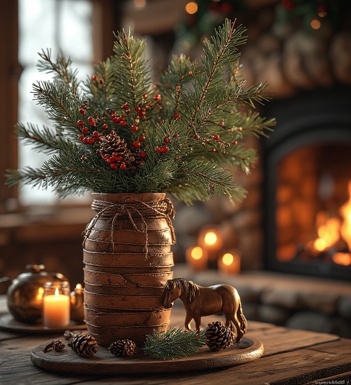  Equestrian-inspired Christmas centerpiece with brass horse and greenery.