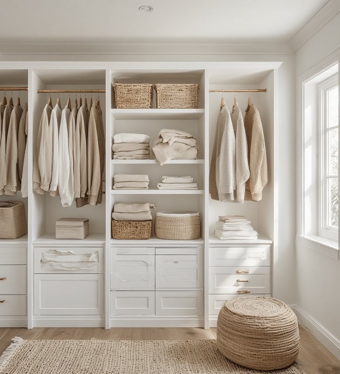 Modern white wardrobe interior with neatly folded sweaters