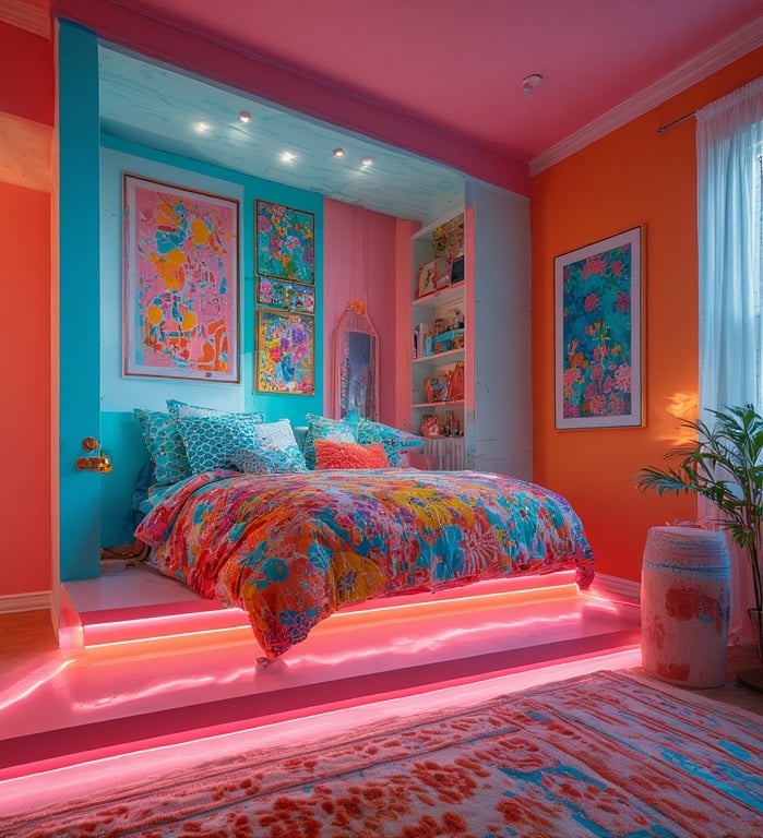 Funhaus Bedroom with dramatic color-blocking: coral orange walls, turquoise accents, pink ceiling.
