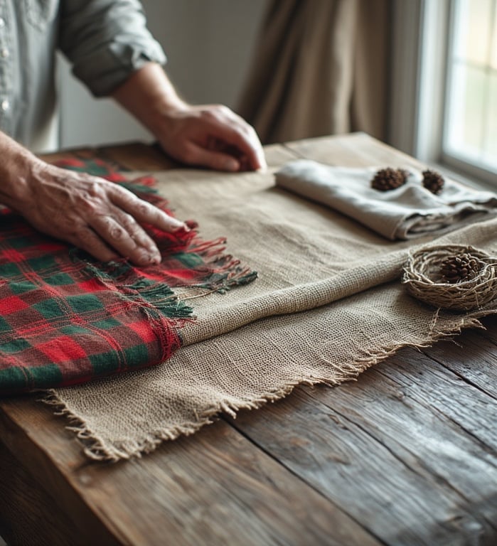 Burlap and plaid runners layered on a rustic wooden table.