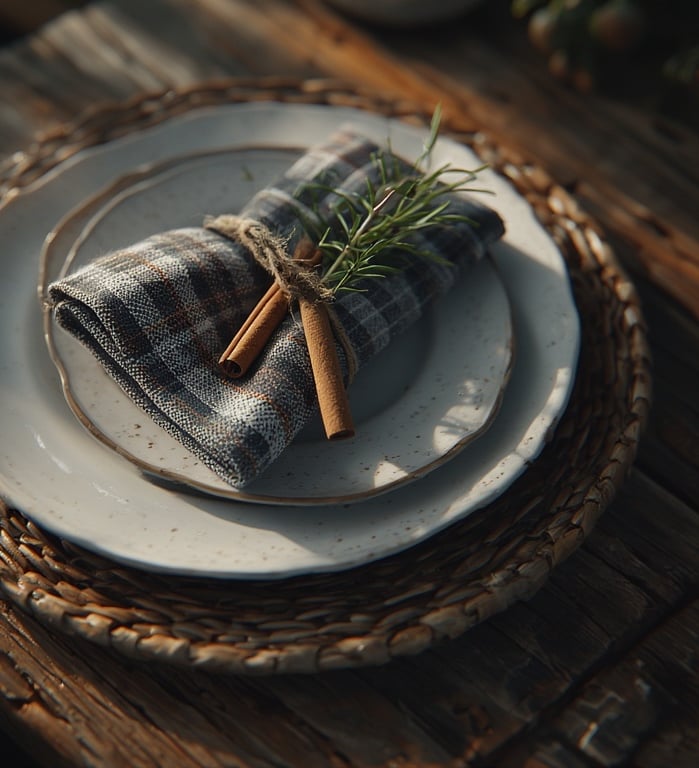 Place setting with white plates on a wicker charger, plaid napkin tied with twine and cinnamon.