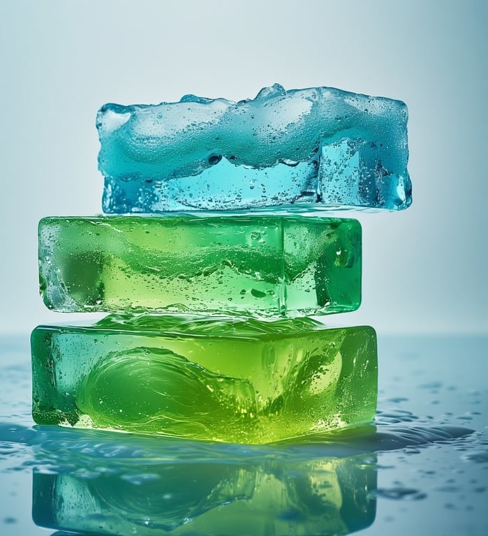 Neon green and aqua soap bars with clear layers and splash-inspired swirls