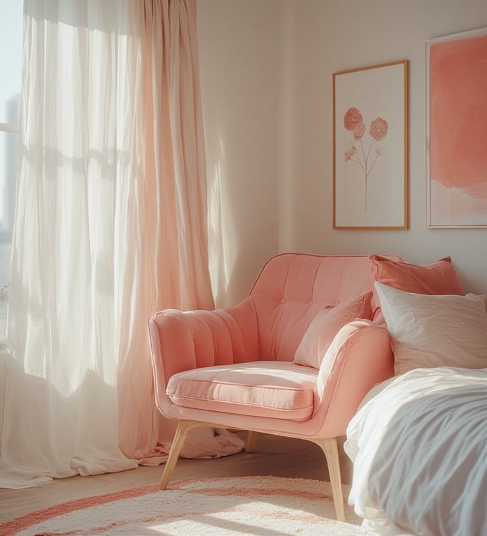 Rose pink accent chair in a bright modern bedroom