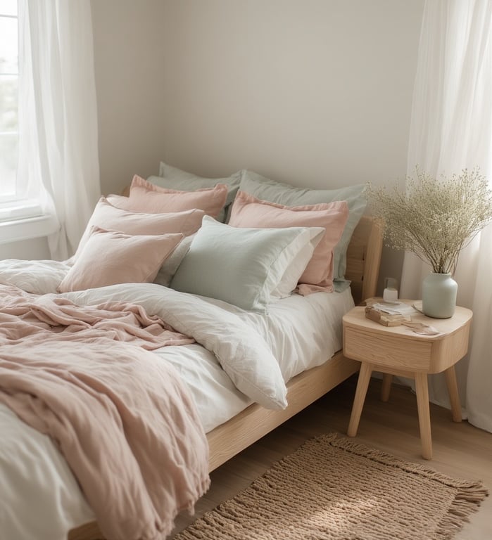 Neutral bedroom styled with rose pink linen pillows