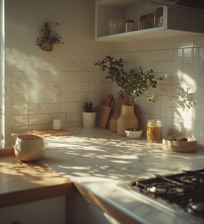 sunlit kitchen counter completely cleared, a single plant and candle for balance.