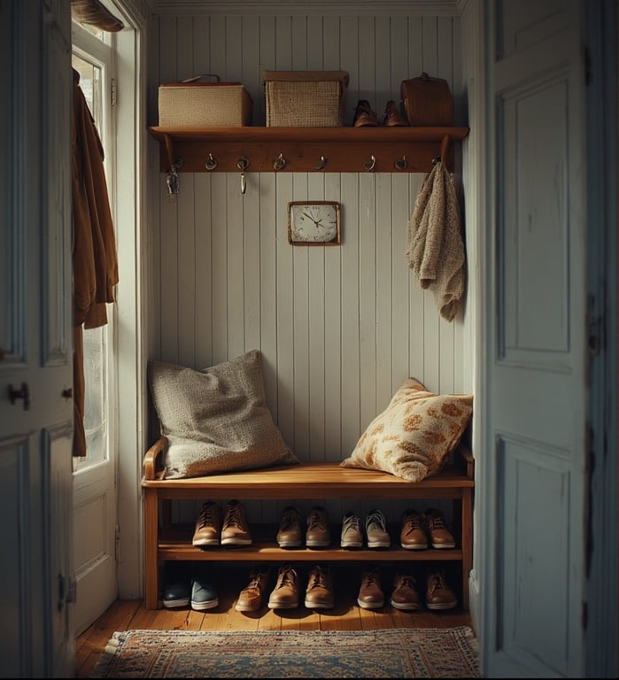 bright Scandinavian-style entryway with hooks, a bench, and neatly stored shoes.