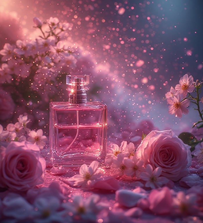 Romantic macro shot of rose petals, jasmine blooms, and a sleek perfume bottle