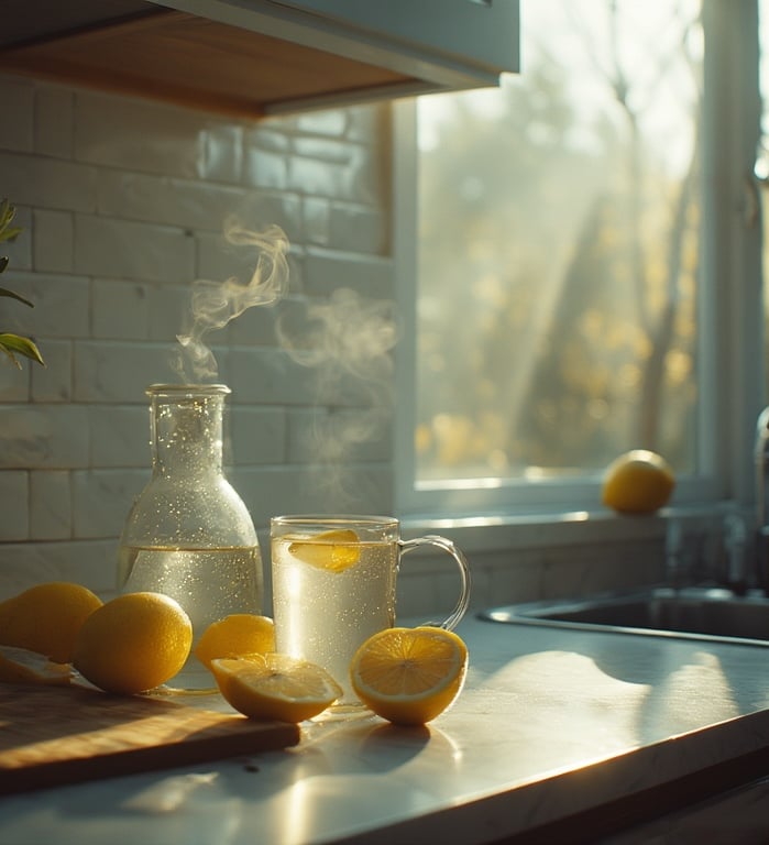  A minimalist kitchen counter at sunrise with a steaming mug of lemon water