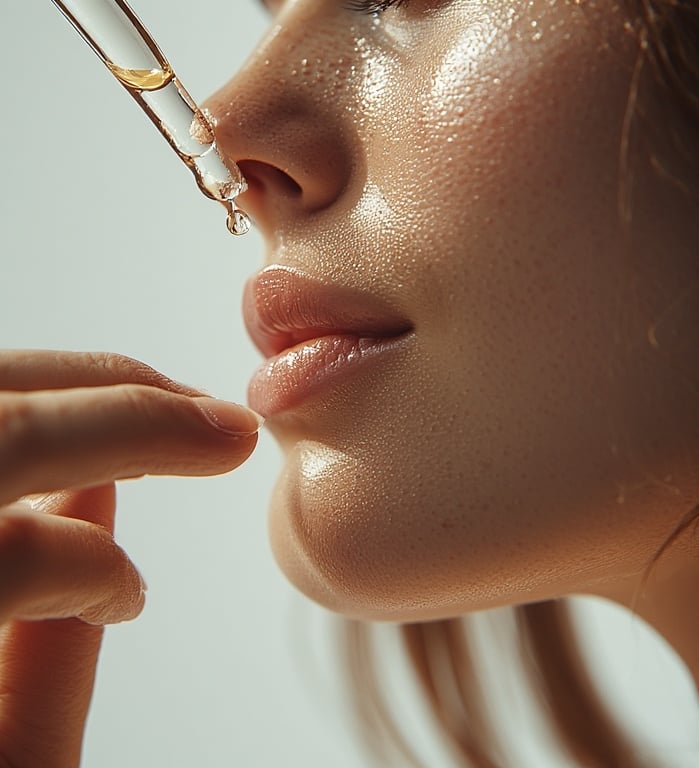 Close-up of a dropper dispensing serum onto fingertips or directly onto cheek